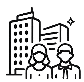 Icon of two people in front of city buildings.
