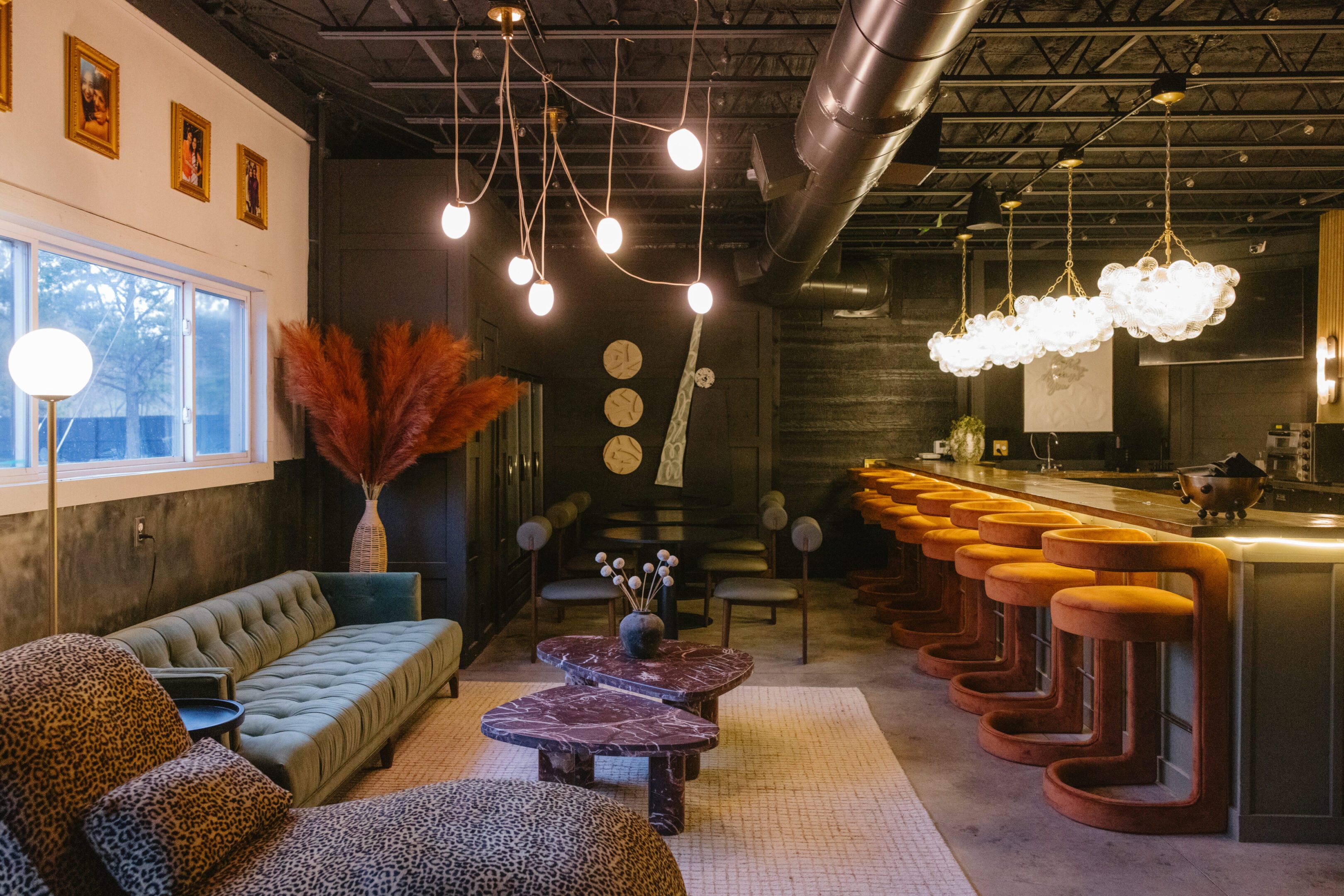 Cozy lounge with warm lighting and modern decor.