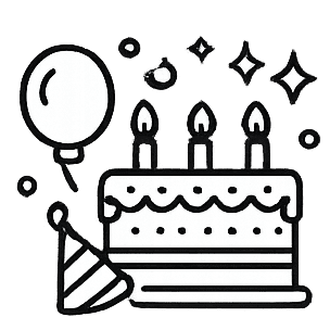Black and white birthday cake with candles, balloon, and party hat.