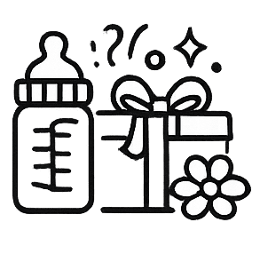 Icon of baby bottle, gift box, and flower representing baby shower.