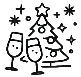 Two champagne glasses clinked near a decorated Christmas tree.