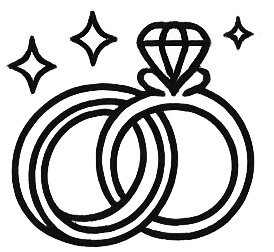 Two black wedding rings with a shining diamond and sparkles.